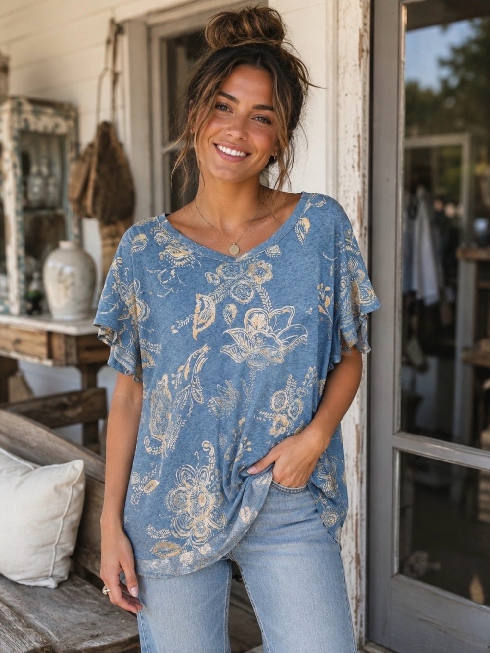 NEW Pilcro Anthropologie Sky Ciel Blue Floral Swing Tee Short Sleeve Oversize XS